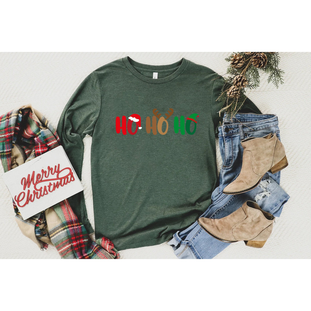HO HO HO Long Sleeve Shirt, Merry Christmas T shirt, Unisex Adult Funny Holiday shirt, Merry and Bright Xmas Crew Long Sleeve Tee - 2.jpg