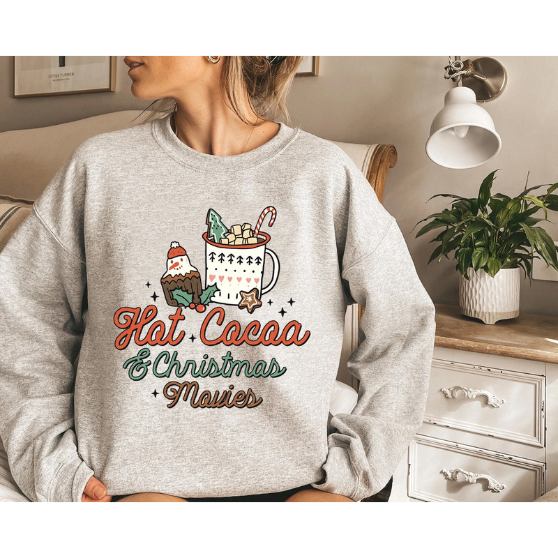 Hot Cocoa And Christmas Movies Sweater, Vintage Christmas Sweatshirt, Women's Cute Santa, Xmas Graphic Pullover, Holiday Ugly Sweater - 3.jpg