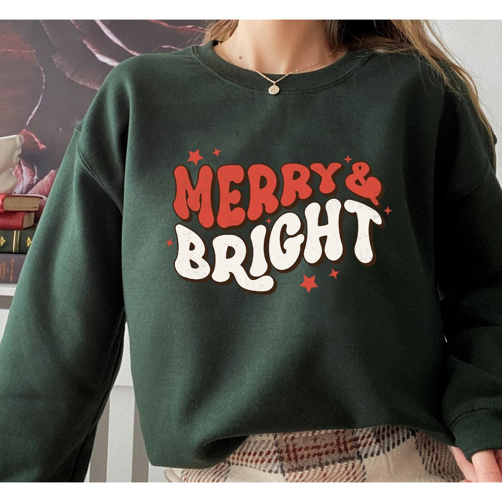 Merry & Bright Christmas Retro Sweatshirt, Christmas Sweatshirt, Holiday Sweater, Womens Holiday Sweatshirt, Christmas Shirt, Winter Shirt - 1.jpg