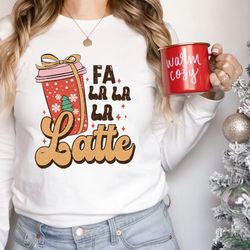 retro fa la latte christmas coffee shirt, christmas women coffee long sleeve tee, vintage christmas t shirt, coffee love