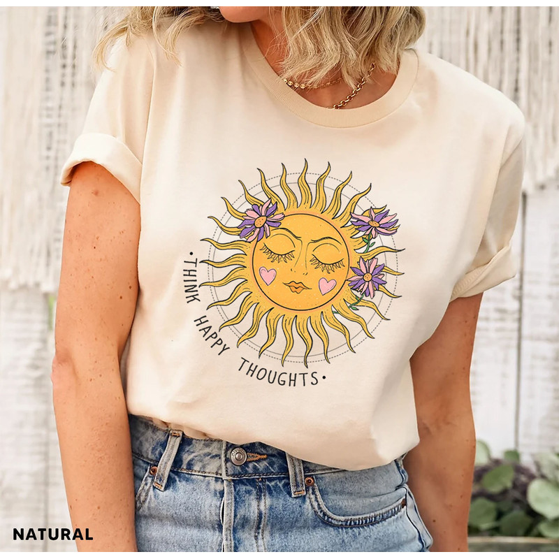 Think Happy Thoughts, Sunflower Tee, Wildflower Tshirt, Wild Flowers Shirt, Floral Tshirt, Gift for Women, Ladies Shirts, Best Friend Gift - 1.jpg