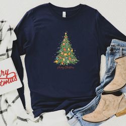 womens christmas long sleeve shirt, christmas crewneck sweater, christmas tree long sleeve, holiday shirt for women, win