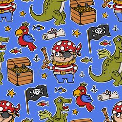 PIRATE AND CHEST WITH GOLD Cartoon Seamless Pattern Print