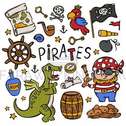 PIRATE AND DRAGON Nautical Objects Vector Illustration Set