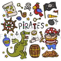pirate and dragon nautical objects vector illustration set