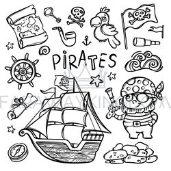 PIRATE AND SHIP MONOCHROME Cartoon Clipart Illustration Set