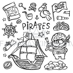 pirate and ship monochrome cartoon clipart illustration set