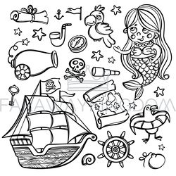 PIRATE SHIP AND MERMAID Cartoon Clipart Illustration Set
