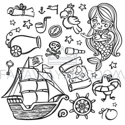 pirate ship and mermaid cartoon clipart illustration set