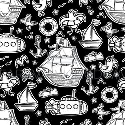 PIRATE SHIP MONOCHROME Cartoon Seamless Pattern Vector Print