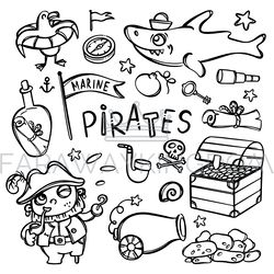 pirate treasures cartoon clipart vector illustration set