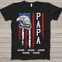 personalized papa eagle american flag 4th of july t-shirt, custom kids name shirt gift for independence day, patriotic