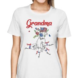 Personalized Grandma Holdings Grandkids Hand American Flag 4th Of July T-Shirt, Custom Kids Name Shirt Independence Day