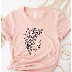 floral face shirt, line art shirt, double faces art, woman silhouette, floral woman shirt, flower woman line drawing shi