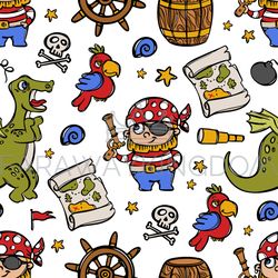 pirate with pistol marine cartoon hand drawn seamless pattern