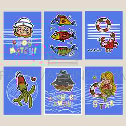 pirates colorful design cards cartoon corsair vector set