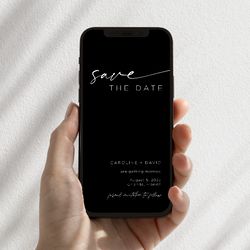 electronic save the date evite template, minimalist digital invite, black save the date template download, modern evite