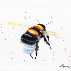 Watercolor bee painting, drawing bumblebee watercolour bees painting original art by Anne Gorywine