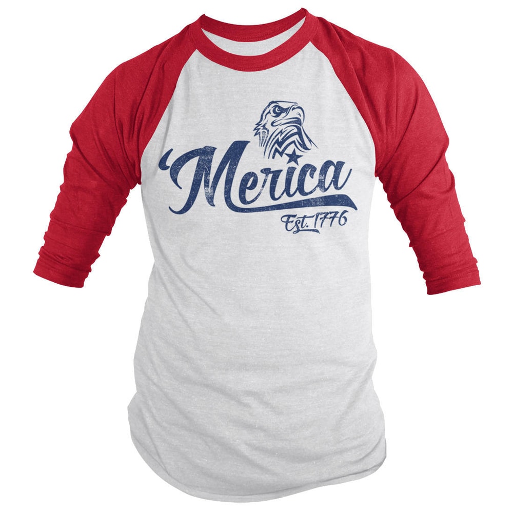 Shirts By Sarah Men's Patriotic 'Merica Est 1776 Eagle Distressed 34 Sleeve Raglan Shirt 4th July Shirt - 2.jpg
