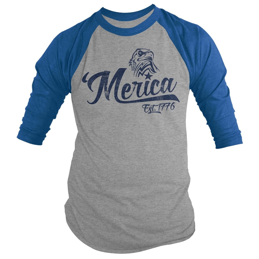 Shirts By Sarah Men's Patriotic 'Merica Est 1776 Eagle Distressed 34 Sleeve Raglan Shirt 4th July Shirt - 3.jpg
