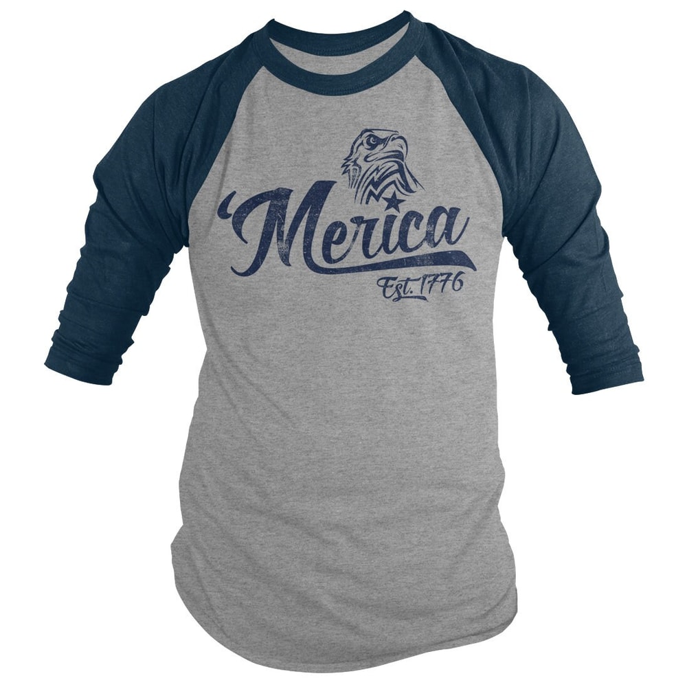 Shirts By Sarah Men's Patriotic 'Merica Est 1776 Eagle Distressed 34 Sleeve Raglan Shirt 4th July Shirt - 5.jpg