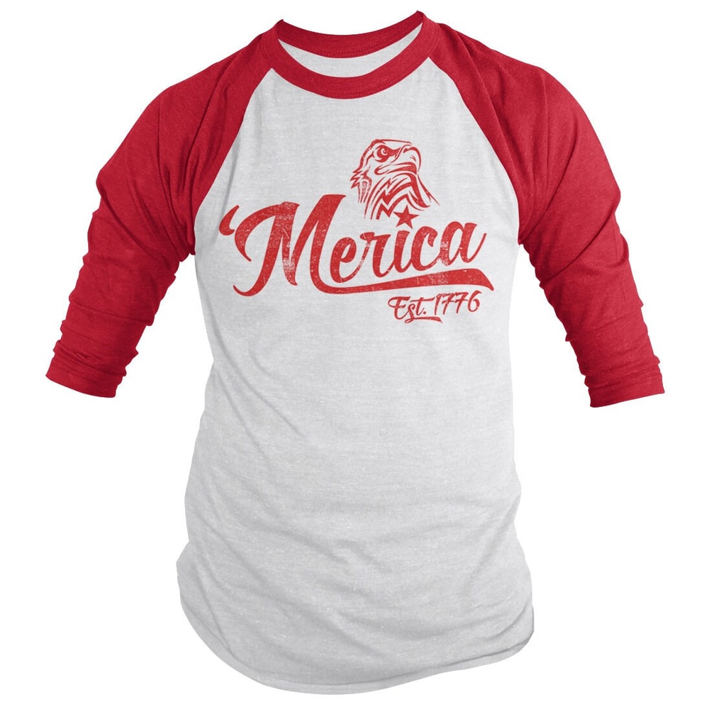 Shirts By Sarah Men's Patriotic 'Merica Est 1776 Eagle Distressed 34 Sleeve Raglan Shirt 4th July Shirt - 9.jpg