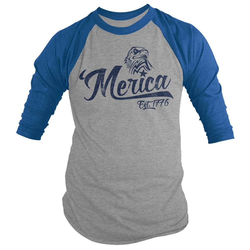 Shirts By Sarah Men's Patriotic 'Merica Est 1776 Eagle Distressed 34 Sleeve Raglan Shirt 4th July Shirt - 3.jpg