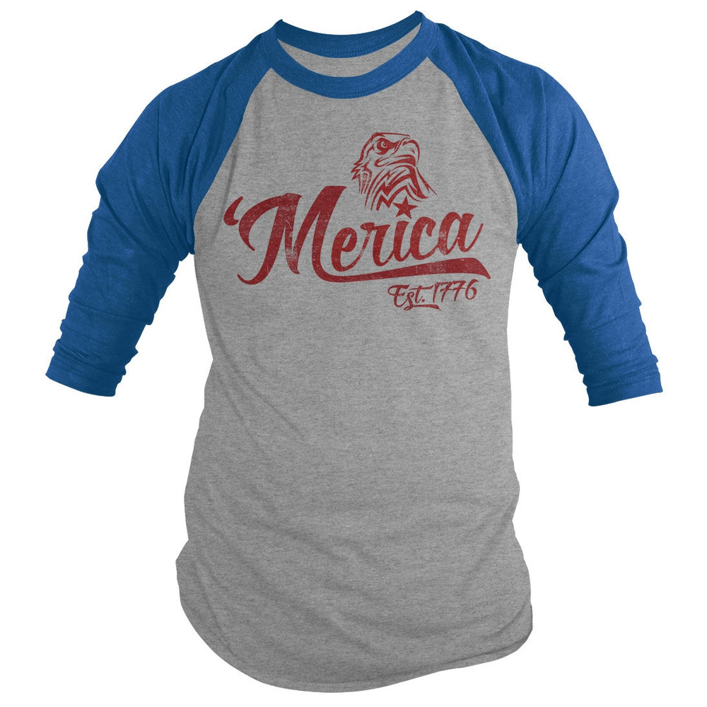 Shirts By Sarah Men's Patriotic 'Merica Est 1776 Eagle Distressed 34 Sleeve Raglan Shirt 4th July Shirt - 4.jpg