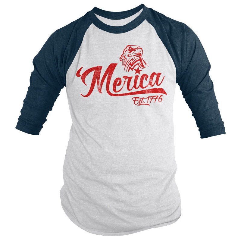 Shirts By Sarah Men's Patriotic 'Merica Est 1776 Eagle Distressed 34 Sleeve Raglan Shirt 4th July Shirt - 6.jpg