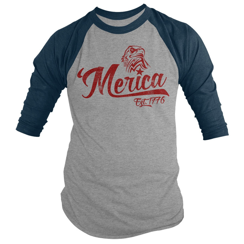 Shirts By Sarah Men's Patriotic 'Merica Est 1776 Eagle Distressed 34 Sleeve Raglan Shirt 4th July Shirt - 8.jpg