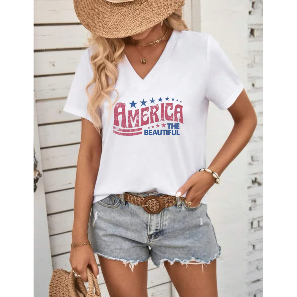 Vintage America the Beautiful 4th July T- Shirt  Vintage Style Fourth V-Neck Tee  Independence Day Patriotic Top  Plus Size Availabile - 2.jpg