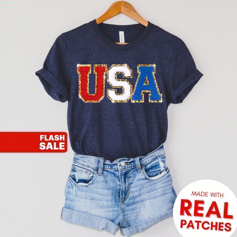 Chenille Patch 4th of July Shirt for Women, Glitter USA Shirt, Fourth of July 4th Mommy and Me Outfits Toddler - 3.jpg