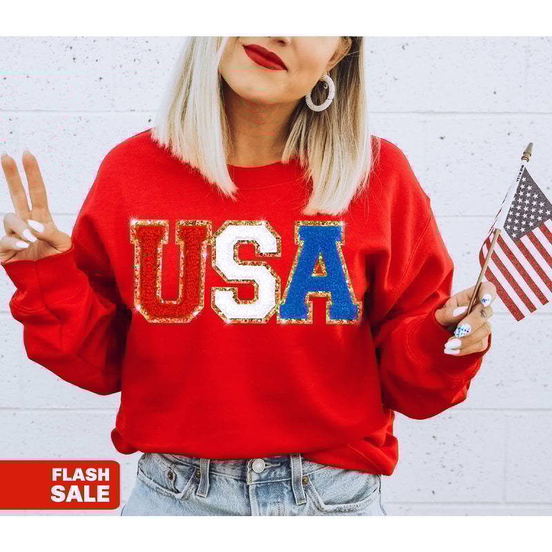 Chenille Patch 4th of July Shirt for Women, Glitter USA Shirt, Fourth of July 4th Mommy and Me Outfits Toddler - 5.jpg