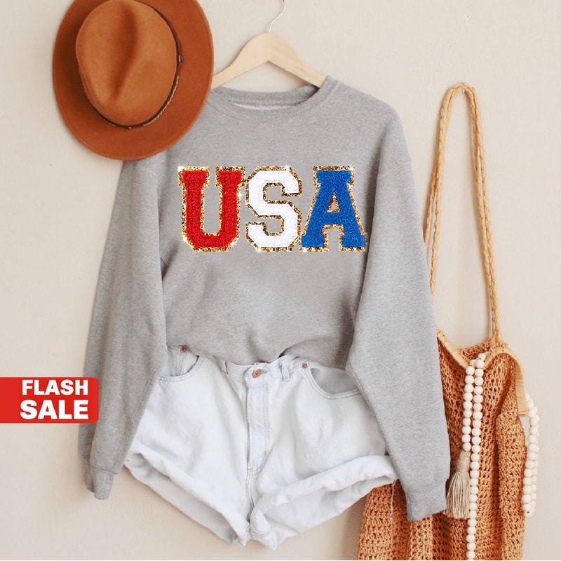 Chenille Patch 4th of July Shirt for Women, Glitter USA Shirt, Fourth of July 4th Mommy and Me Outfits Toddler - 6.jpg