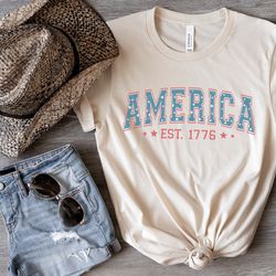 america est 1776 vintage vibe graphic tee, patriotic fourth of july shirt, independence day short sleeve