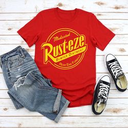 rust-eze shirts, lighting mcqueen shirt, disney shirt, disney cars shirt, car racer t