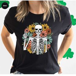floral skeleton tshirt, funny skull gifts, aesthetic skeleton graphic tees, groovy flower clothing, summer vneck t-shirt
