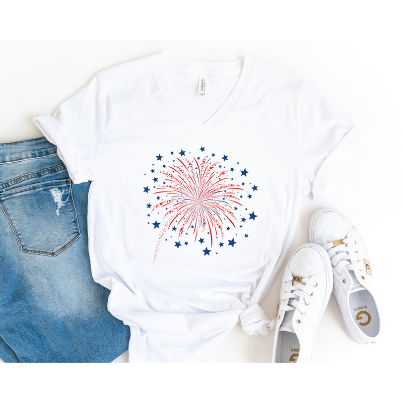 Firework USA V-Neck Shirt, 4th Of July Shirt, Independence Day Shirt, Gift For American, Red White Blue Shirt, Patriotic Shirt, American Tee - 1.jpg