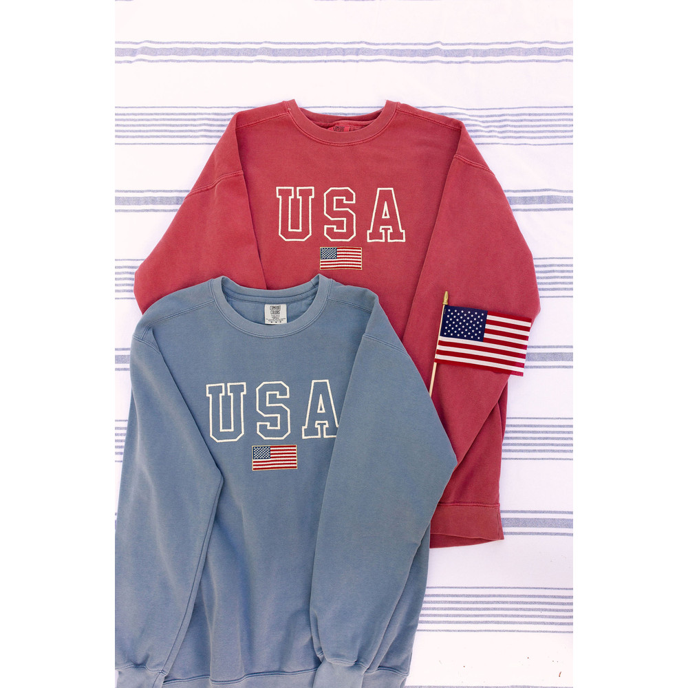 USA Embroidered Varsity Crewneck Sweatshirt, Comfort Colors Summer 4th of July, Independence Day Red White and Blue United States America - 1.jpg