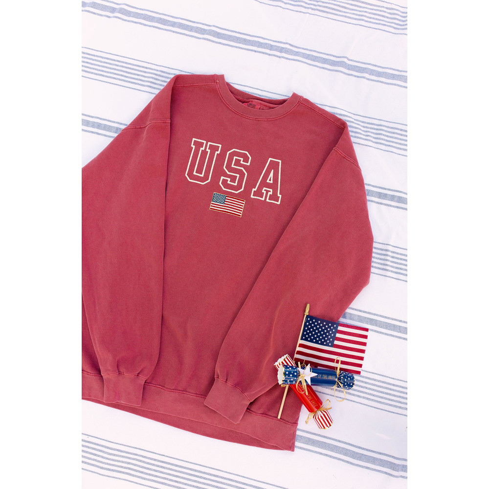 USA Embroidered Varsity Crewneck Sweatshirt, Comfort Colors Summer 4th of July, Independence Day Red White and Blue United States America - 3.jpg