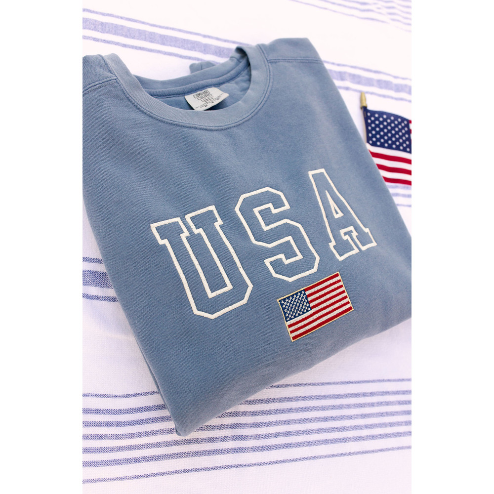 USA Embroidered Varsity Crewneck Sweatshirt, Comfort Colors Summer 4th of July, Independence Day Red White and Blue United States America - 4.jpg