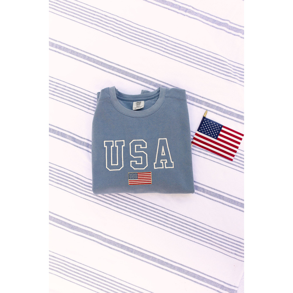 USA Embroidered Varsity Crewneck Sweatshirt, Comfort Colors Summer 4th of July, Independence Day Red White and Blue United States America - 6.jpg