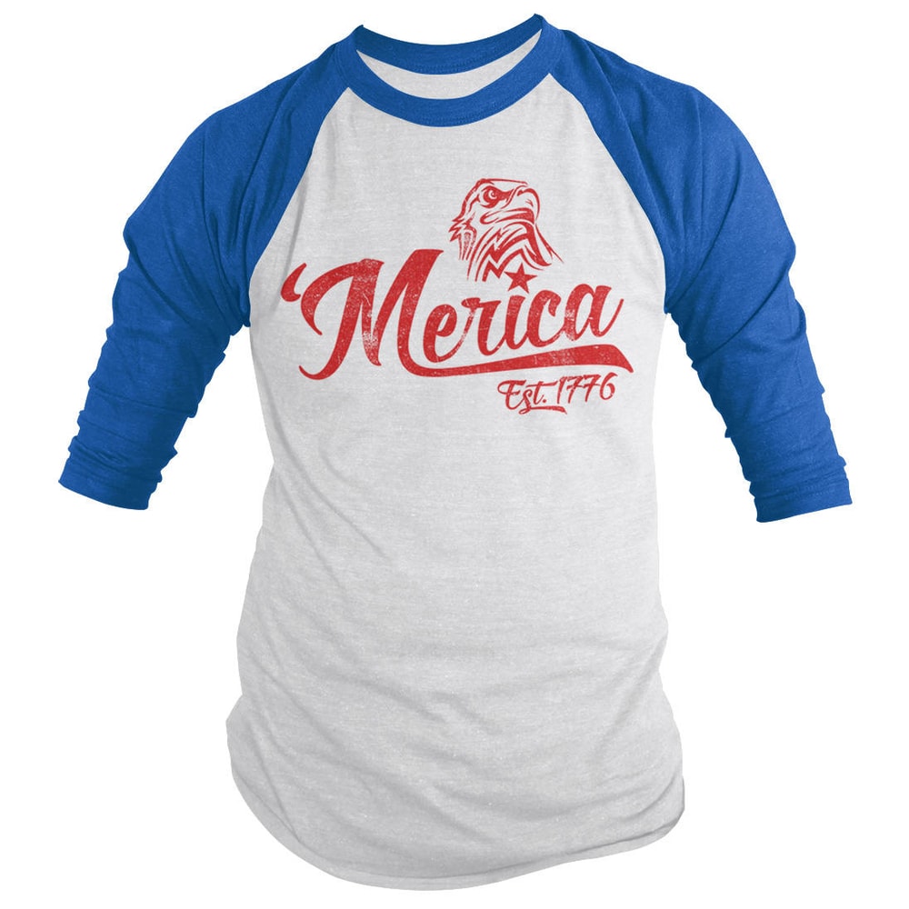 Shirts By Sarah Men's Patriotic 'Merica Est 1776 Eagle Distressed 34 Sleeve Raglan Shirt 4th July Shirt - 1.jpg