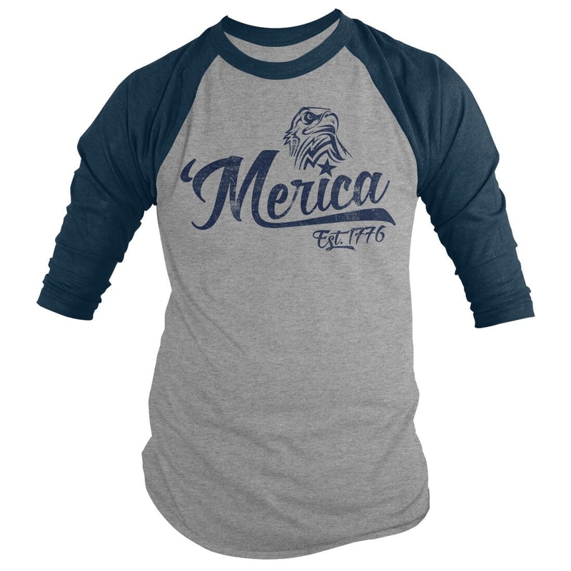 Shirts By Sarah Men's Patriotic 'Merica Est 1776 Eagle Distressed 34 Sleeve Raglan Shirt 4th July Shirt - 5.jpg