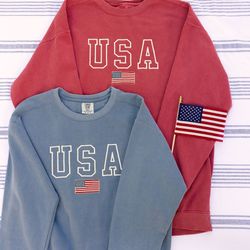 usa embroidered varsity crewneck sweatshirt, comfort colors summer 4th of july, independence day red white and blue unit