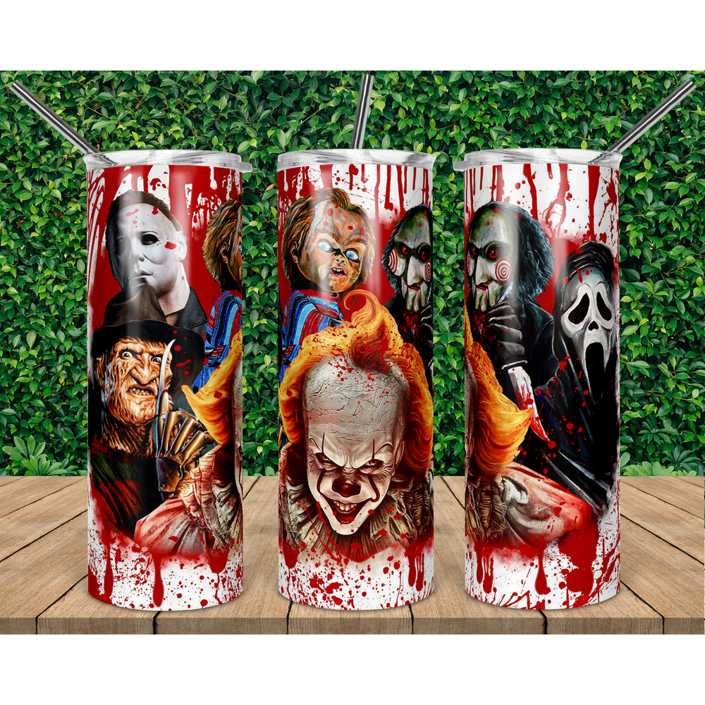 Pennywise with Horror Movie Characters Blood Splatter Tumbler-christmas.png