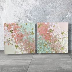 Textured acrylic painting on canvas on stretcher, relief flowers diptych modern art