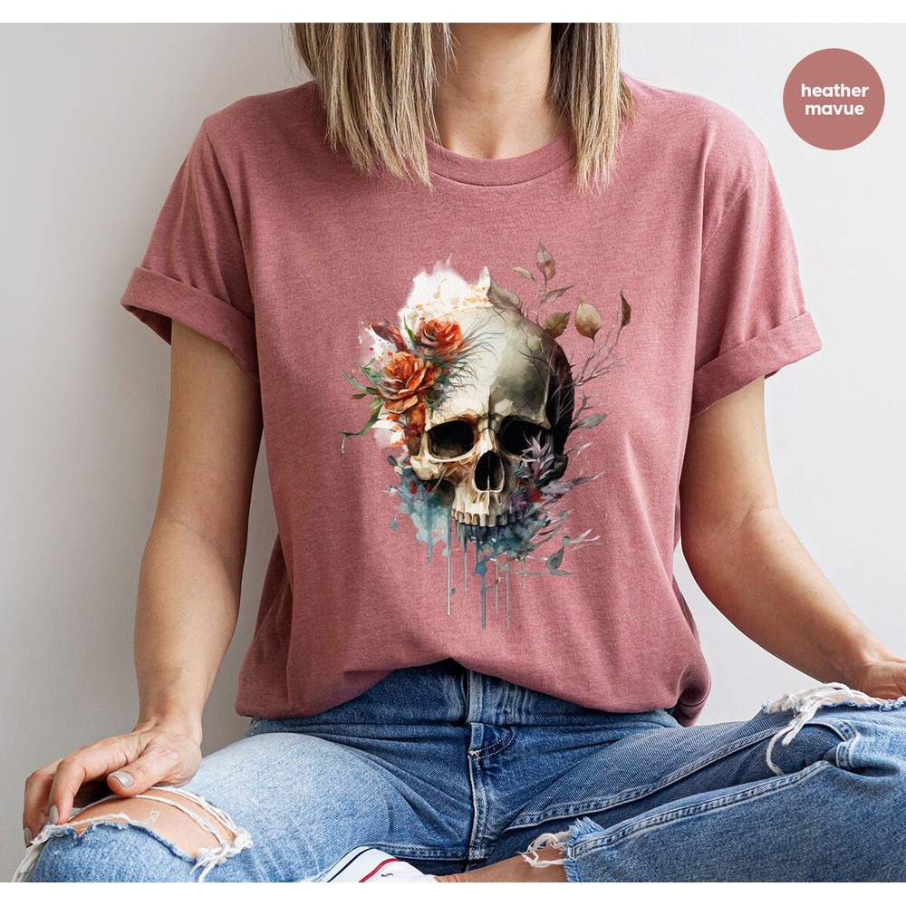 Watercolor Skulls Shirt, Groovy Graphic Tees, Cool Floral Skeleton T Shirt, Skeleton Clothing, Trendy Gift for Her, Birthday Gift for Women - 2.jpg