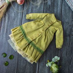 Boho dress, vintage clothes for blythe doll, green linen dress