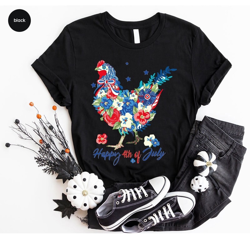 4th of July Chicken Shirt, Fourth of July T Shirt, Floral Chicken Graphic Tees, America Vneck Tshirts, Patriotic Mom Shirt, Gift for Her - 1.jpg